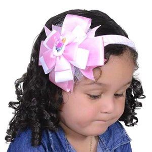 Girl's Headband Flower Design Baby Pink & White with Handmade Felt Unicorn